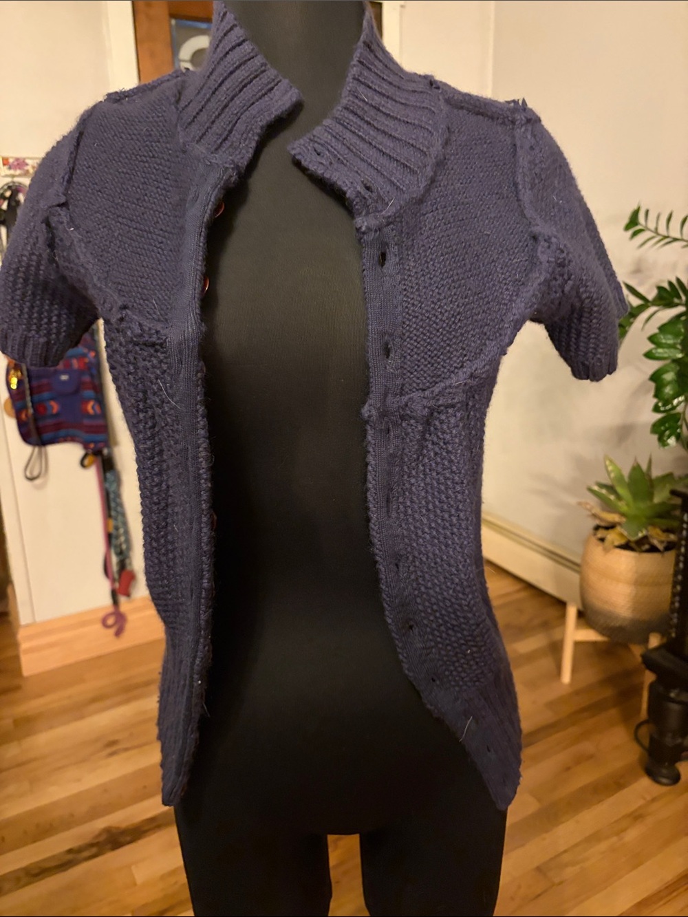Moth Navy Short-Sleeve Knit Cardigan Sweater - Women